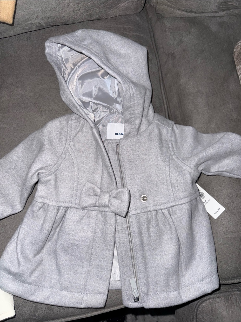 Old Navy Baby Girls' Light Gray Hooded Wool-Blend Coat with Bow NWT